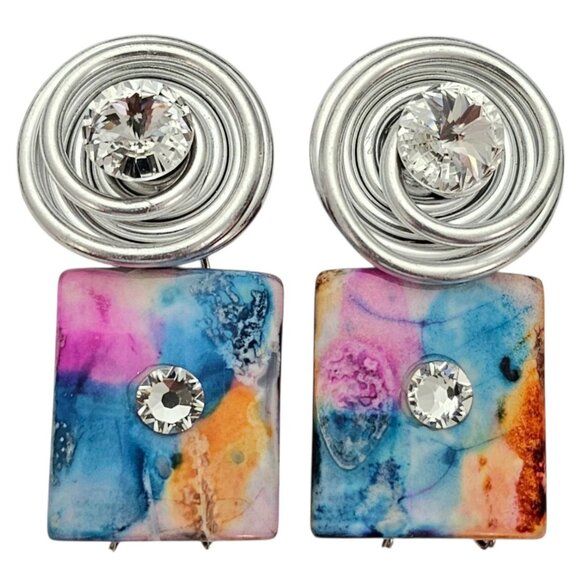 Jeff Lieb Clear Rhinestone Multi-Color Glass Bead Clip-On Earrings, Signed - Picture 8 of 8